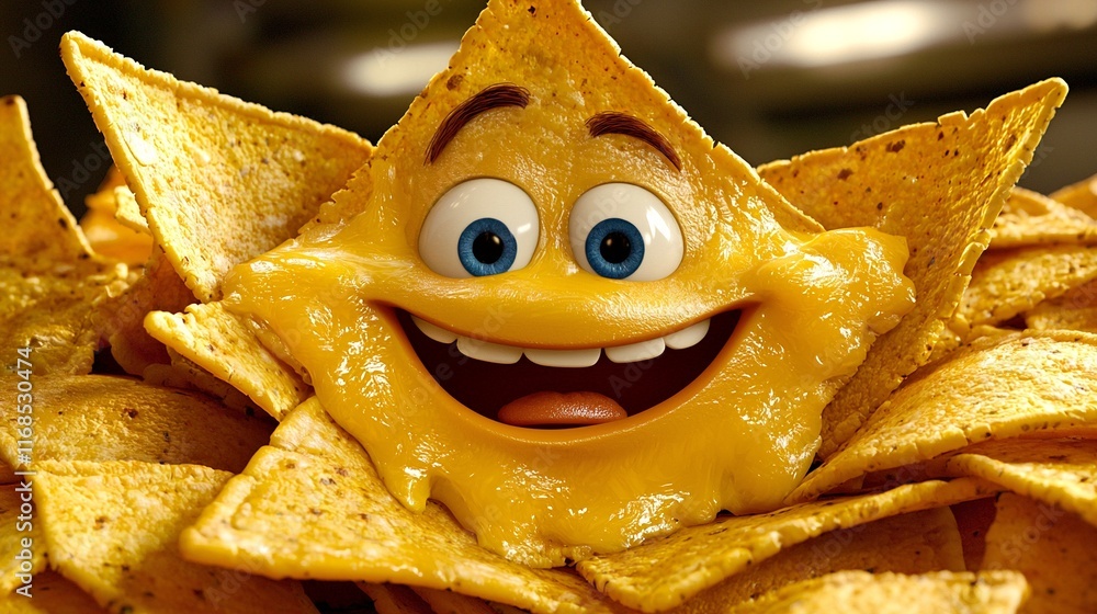 Fototapeta premium Happy cheese nachos face, food, studio, background blur, advertising