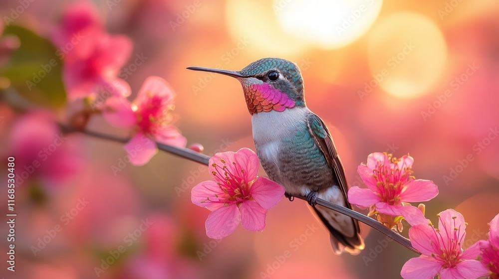 Naklejka premium Vibrant Hummingbird Perched on Wire Surrounded by Colorful Flowers in Natural Setting
