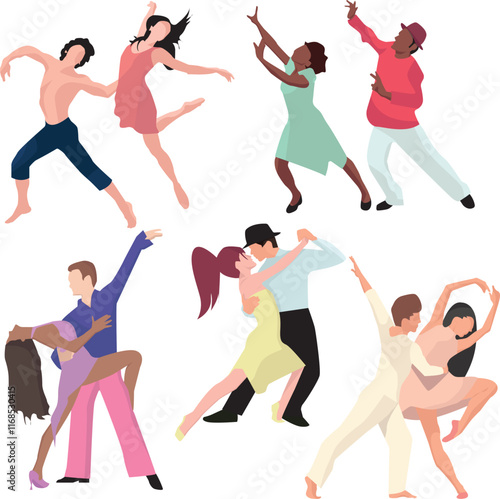 Illustration featuring dancing couples demonstrating movements in various styles, including contemporary dance, Latin rhythms, ballroom dancing, and more. The people are depicted in a vibrant and dyna