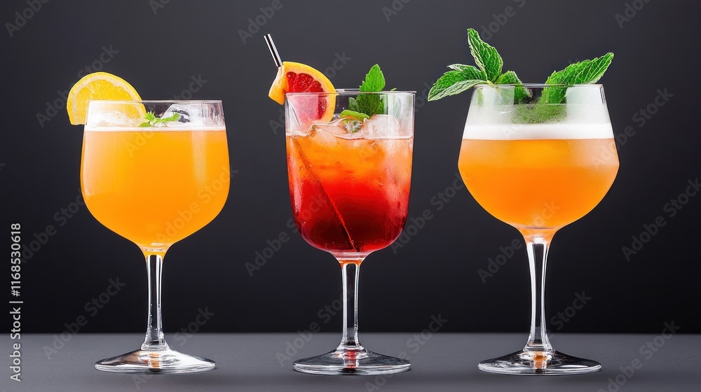 Three colorful cocktails garnished with fruit and mint leaves. Three colorful cocktails garnished with fruit and mint leaves.