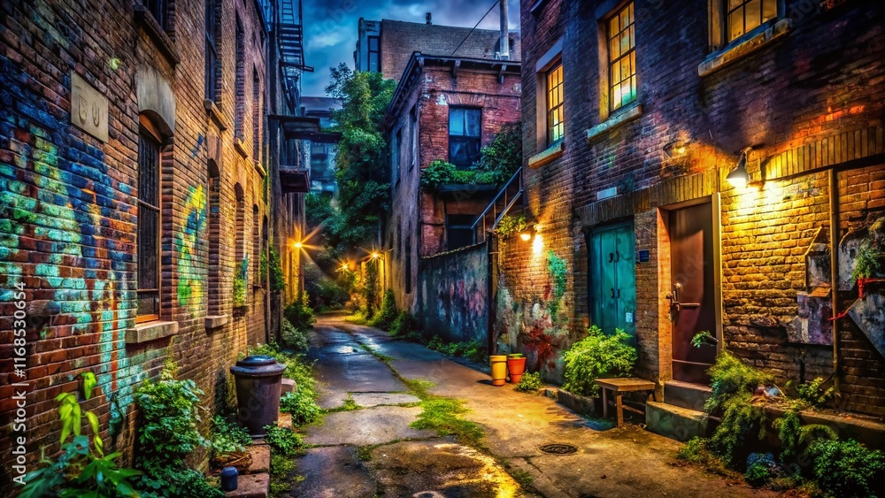 Fototapeta premium Dark Vintage Urban Alleyway Backyard Graffiti, Grunge Wall, Brick, Shadow, Night