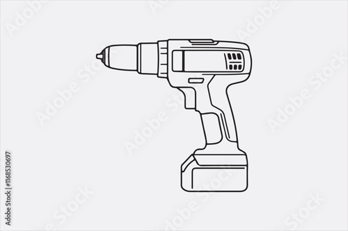 A minimalist black-and-white illustration of a cordless power drill focusing on clean lines and a modern design.