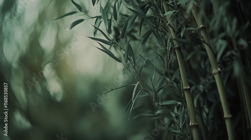 Bamboo leaves illuminated by soft light in dark environment during evening hours