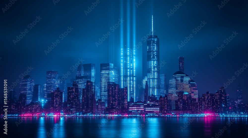 A futuristic city skyline at night, illuminated by vibrant blue and pink lights, featuring tall skyscrapers and beams of light piercing the sky. A futuristic city skyline at night, illuminated by vibrant blue and pink lights, featuring tall skyscrapers and beams of light piercing the sky.