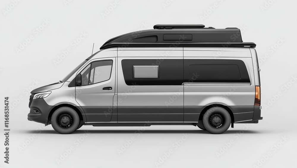 Silver camper van with rooftop tent, side profile. (1) Silver camper van with rooftop tent, side profile. (1)