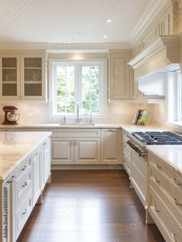 Elegant Cream Kitchen With Granite Countertops And Wood Floors
