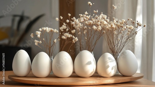 Decorative arrangement of dried flowers in white vases on a wooden tray