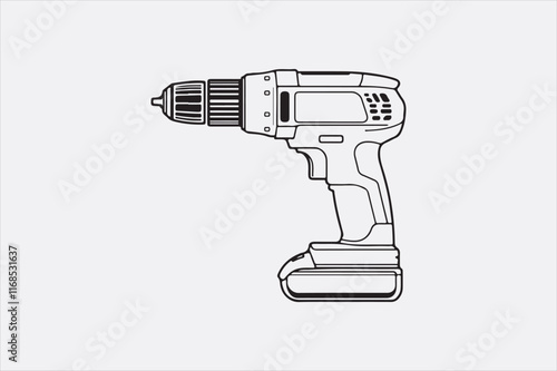 A minimalist black-and-white illustration of a cordless power drill focusing on clean lines and a modern design.