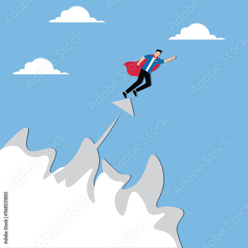 Super Businessman, Professional or Focused, Successful Career or Business Development and Growth, Cape Wearing Businessman and Arrows Flying Together to the Sky