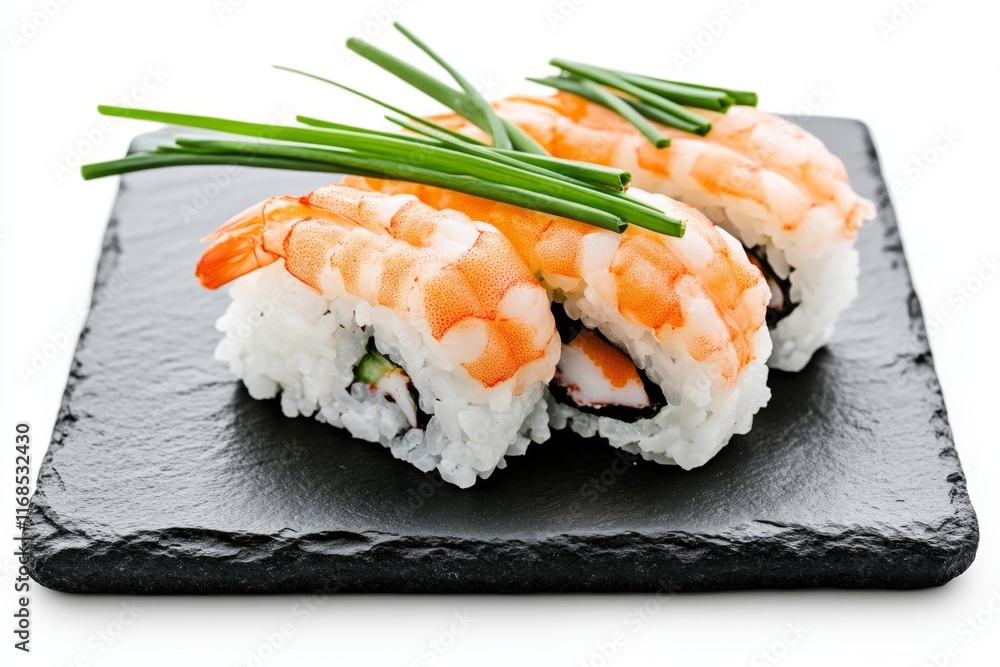 Three delicious shrimp sushi rolls on a black slate plate, garnished with chives, isolated on white background. Three delicious shrimp sushi rolls on a black slate plate, garnished with chives, isolated on white background.
