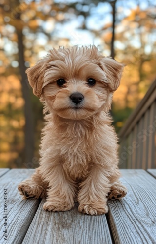 Cute small dog sitting on wooden deck surrounded by trees during golden hour ...