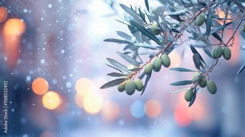 Olive tree branches with green olives and delicate flowers on a soft background