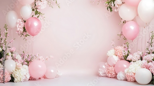 Pink and white balloons with flowers create a lovely backdrop