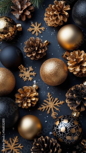 Decorative Christmas ornaments arranged among pinecones on a green background
