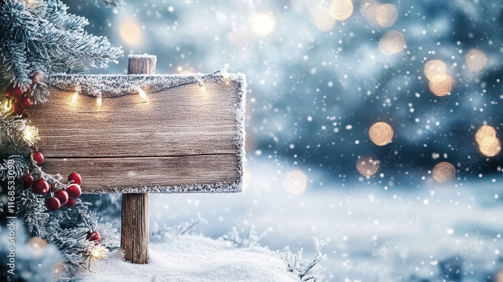 Naklejka premium A close-up of a wooden sign frosted with snow, surrounded by a dreamy winter scene of falling snowflakes and festive holiday cheer. --ar 16:9 --v 6.1 Job ID: 9e5e19dd-b72c-4af4-b714-b93c6317fa74