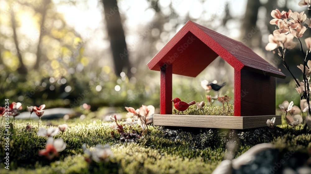 Birds feeding in a red birdhouse lush forest nature scene spring vibes close-up wildlife interaction for serenity