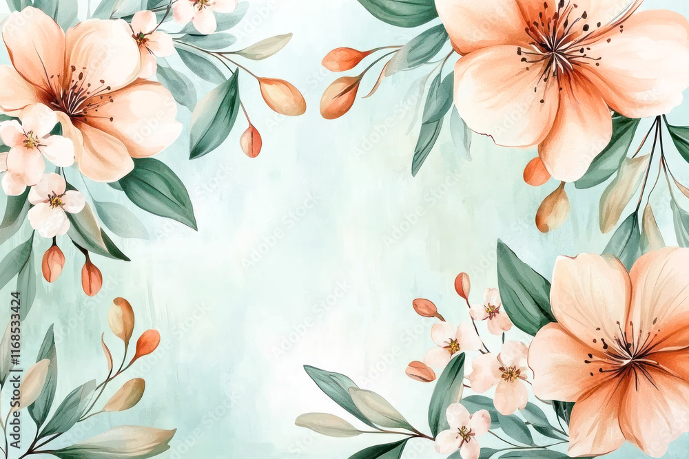 Obraz premium Watercolor floral frame with peach and white flowers, green leaves, and a soft teal background.