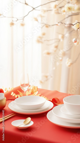 Elegant table setting with white dishes on red tablecloth photo