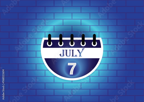 A graphic design of a calendar page showing July 7th.  The page is circular and blue, set against a textured blue brick wall. The overall aesthetic is modern and minimalist.