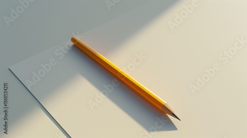 A single bright yellow pencil placed diagonally across a clean white paper sheet with soft shadowing.