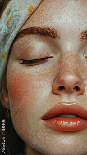 Close-up of a young woman with freckles and bold lipstick expressing tranquil...
