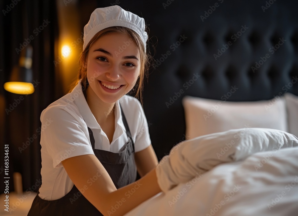 Young housekeeper making bed in luxury hotel room with white linen and satin fabric Young housekeeper making bed in luxury hotel room with white linen and satin fabric