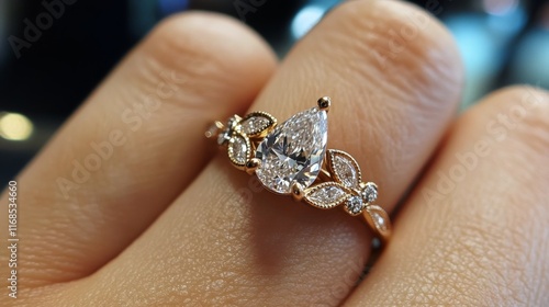 Elegant gold engagement ring with unique pear-shaped diamond and leaf design ...