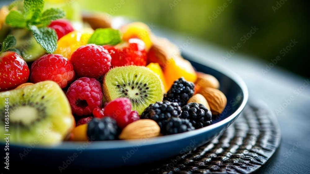 A vibrant fruit salad featuring kiwi, raspberries, blackberries, and almonds, garnished with fresh mint on a rustic table. A vibrant fruit salad featuring kiwi, raspberries, blackberries, and almonds, garnished with fresh mint on a rustic table.