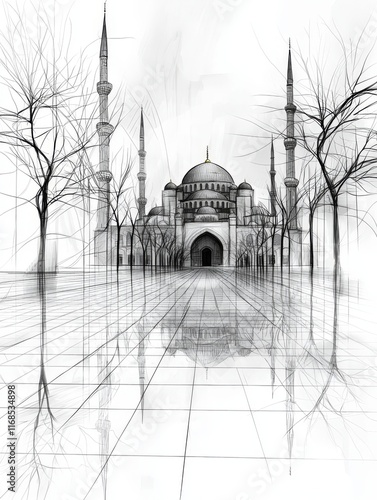 Blue Mosque Architectural Drawing, Illustration with Lines on White Background photo