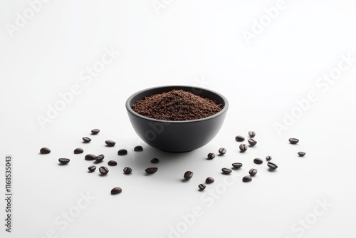 Ground coffee in bowl with beans. photo