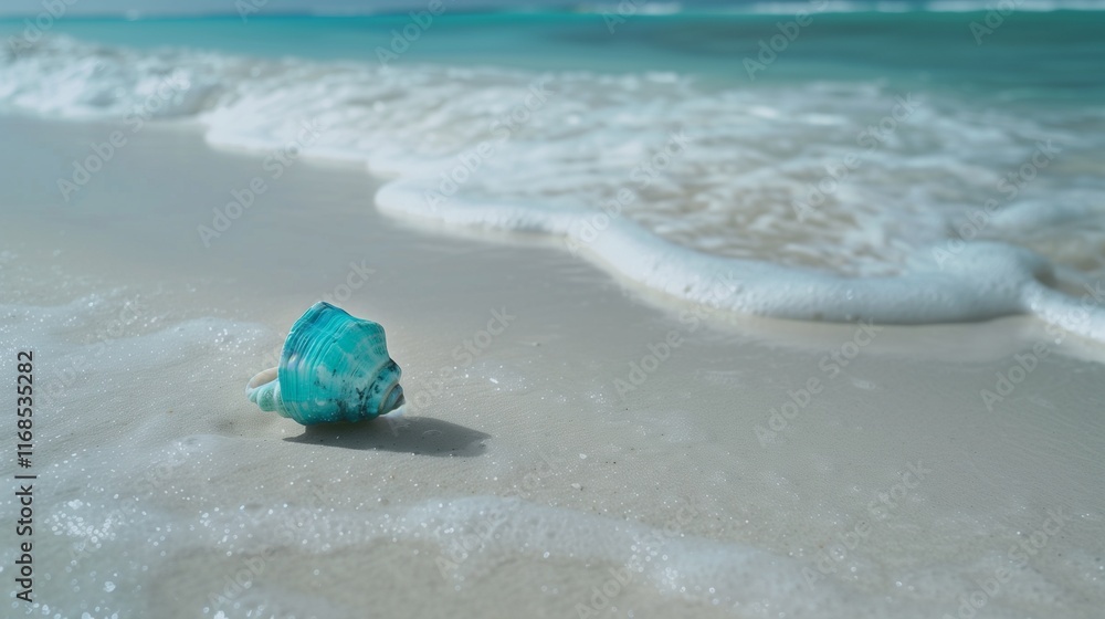 A single turquoise seashell resting on a pristine white sandy beach with gentle waves rolling in. A single turquoise seashell resting on a pristine white sandy beach with gentle waves rolling in.