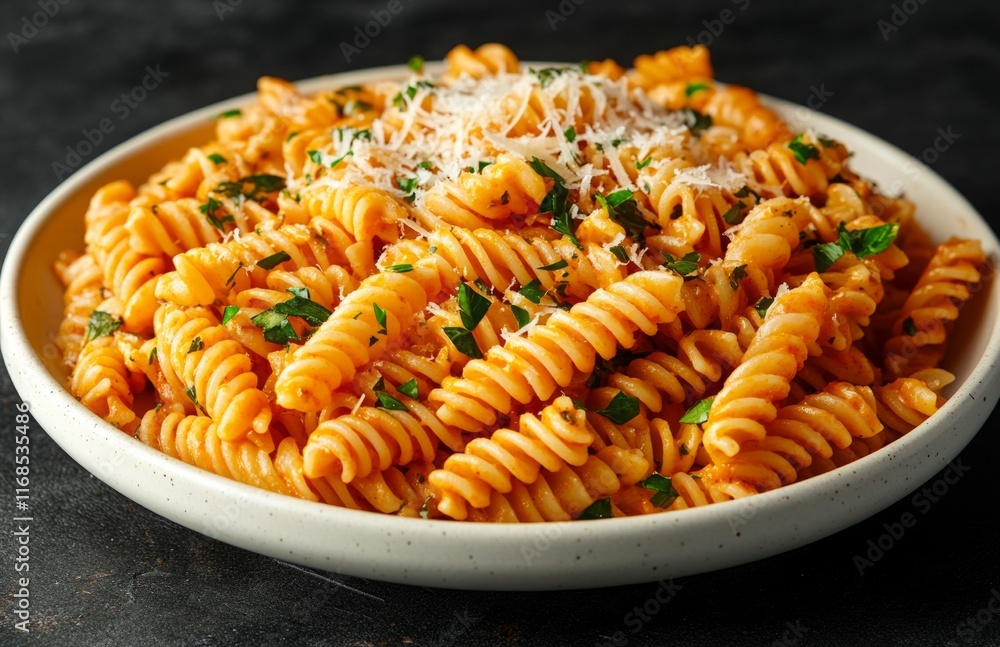 Fusilli pasta with Parmesan cheese and fresh herbs served beautifully Fusilli pasta with Parmesan cheese and fresh herbs served beautifully
