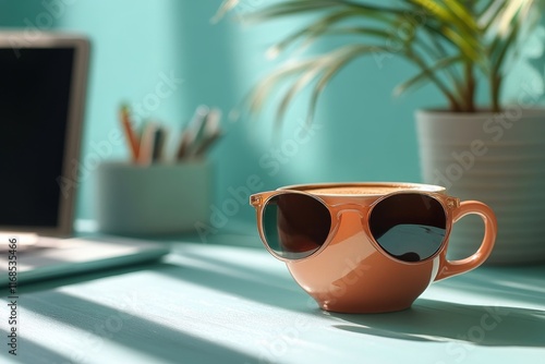 Morning coffee break with sunglasses on the table in a bright workspace