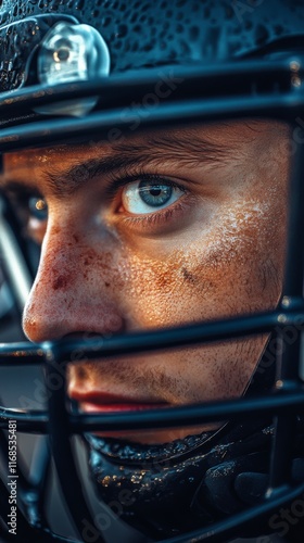 Intense focus of a football player during a rainy game in a stadium