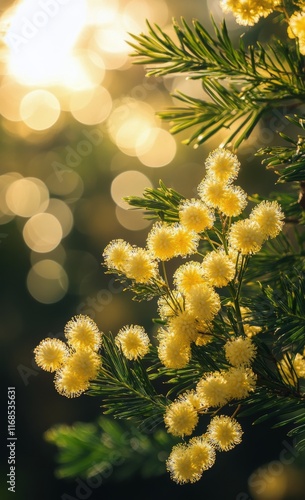 Blossoming yellow flowers in sunlight with a blurred background of nature dur...