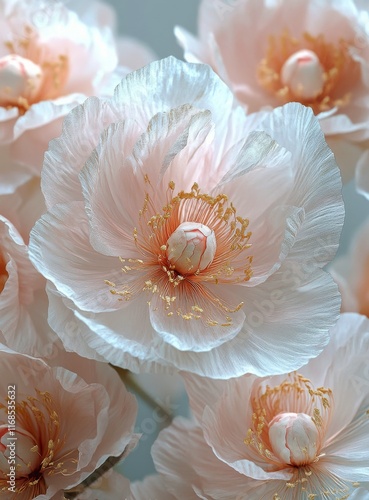 Delicate blooms of soft pink flowers with intricate details captured in close...