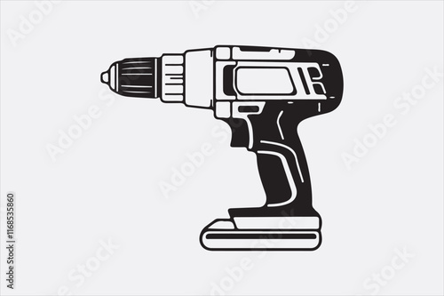 A minimalist black-and-white illustration of a cordless power drill focusing on clean lines and a modern design.