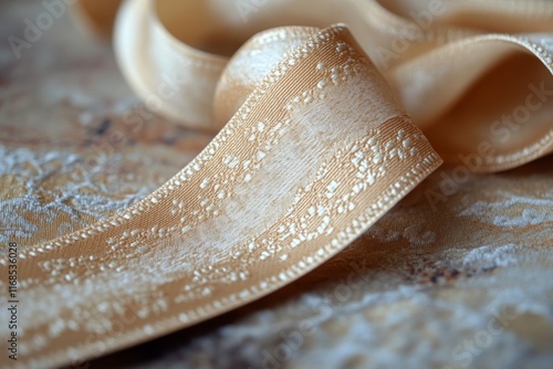 Delicate sheer ribbon with polka dots draped elegantly on a soft blue surface