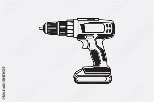 A minimalist black-and-white illustration of a cordless power drill focusing on clean lines and a modern design.