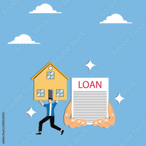 Paying off a home loan, debt or loan problems, running out of money to pay off a mortgage, debt crisis, chasing a businessman with a loan contract in his hand carrying a house on his shoulder