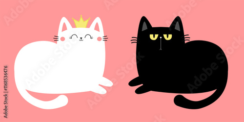 White Black laying cat girl boy. Cute sad happy face head. Kitten princess golden crown. Happy Valentines Day. Cartoon kitty character. Kawaii animal. Love card. Flat design. Pink background. Vector