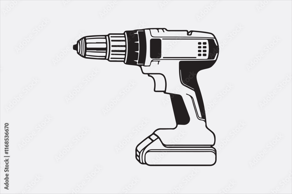 A minimalist black-and-white illustration of a cordless power drill focusing on clean lines and a modern design. A minimalist black-and-white illustration of a cordless power drill focusing on clean lines and a modern design.