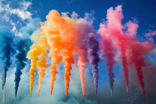 Colorful swirls of smoke rising from a forest at twilight with vibrant hues a...