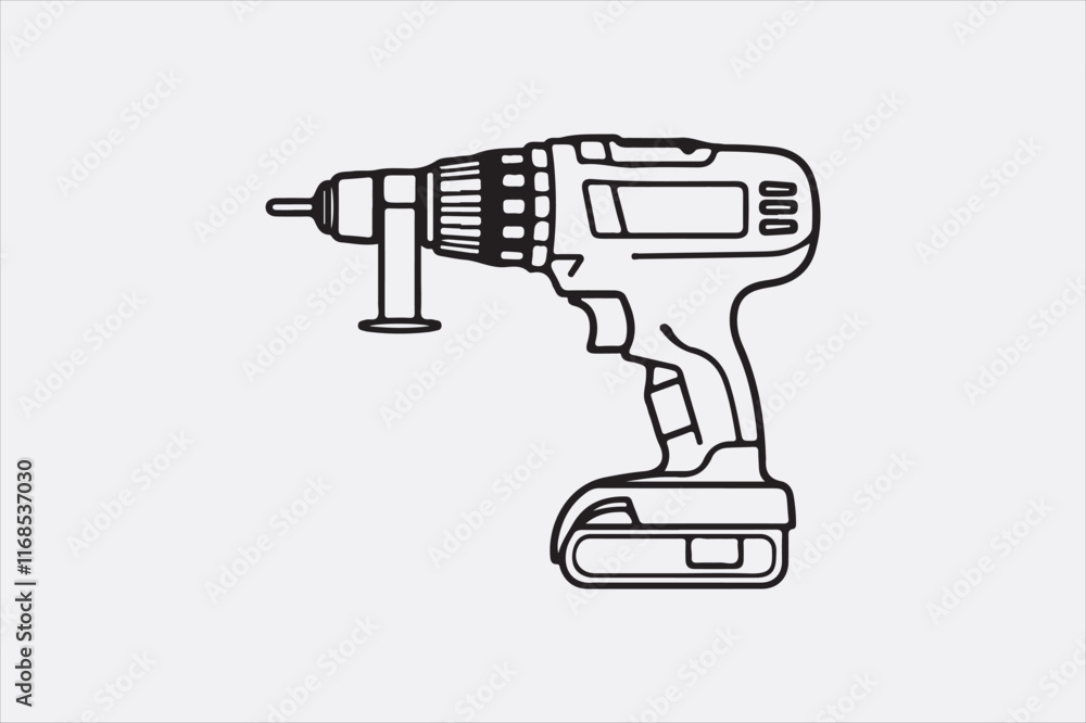A minimalist black-and-white illustration of a cordless power drill focusing on clean lines and a modern design. A minimalist black-and-white illustration of a cordless power drill focusing on clean lines and a modern design.
