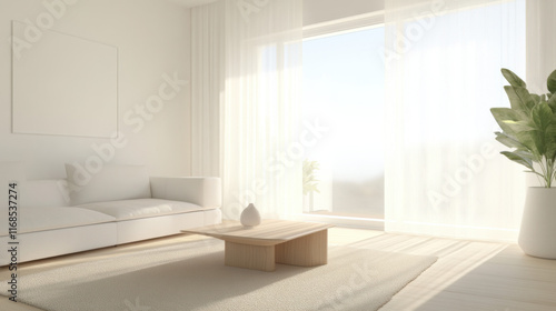 Wallpaper Mural bright, minimalistic living room with white sofa, wooden table, and large window. Natural light enhances serene atmosphere Torontodigital.ca