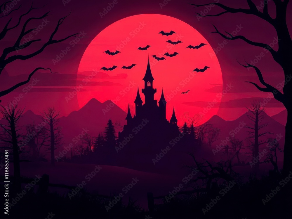 A dark castle silhouette set against a large, eerie red moon with bats flying, creating a spooky atmosphere in a haunted landscape. A dark castle silhouette set against a large, eerie red moon with bats flying, creating a spooky atmosphere in a haunted landscape.