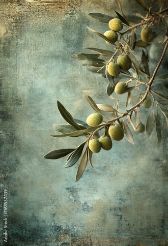 Fresh green olives hanging from a branch against a soft blue background