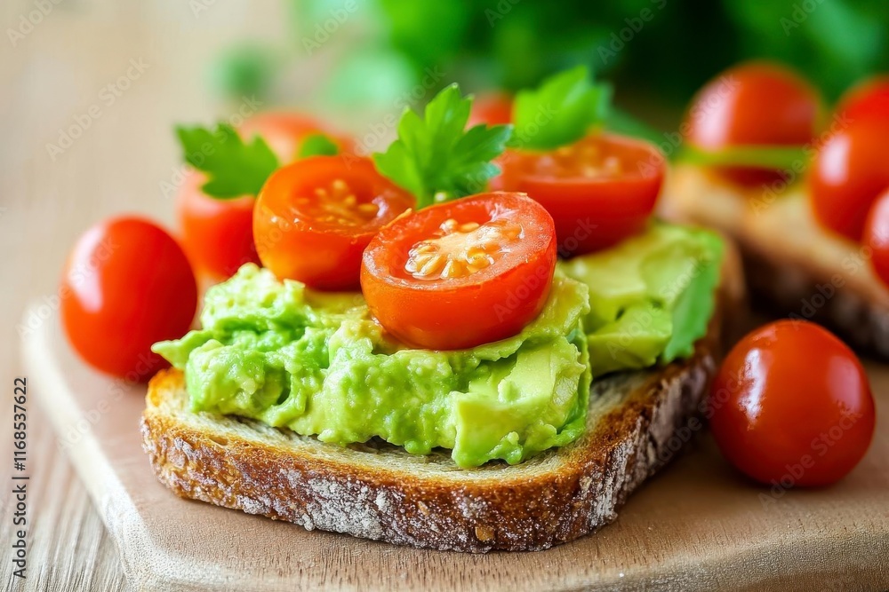 A vibrant slice of toasted bread topped with creamy avocado, fresh cherry tomatoes, and a sprinkle of parsley, perfect for a healthy snack or breakfast. A vibrant slice of toasted bread topped with creamy avocado, fresh cherry tomatoes, and a sprinkle of parsley, perfect for a healthy snack or breakfast.