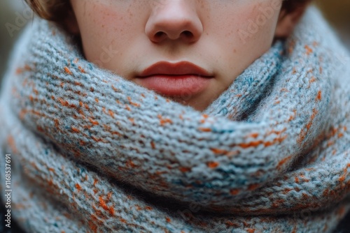 Portrait of a young woman wearing a knitted scarf in a serene outdoor setting...