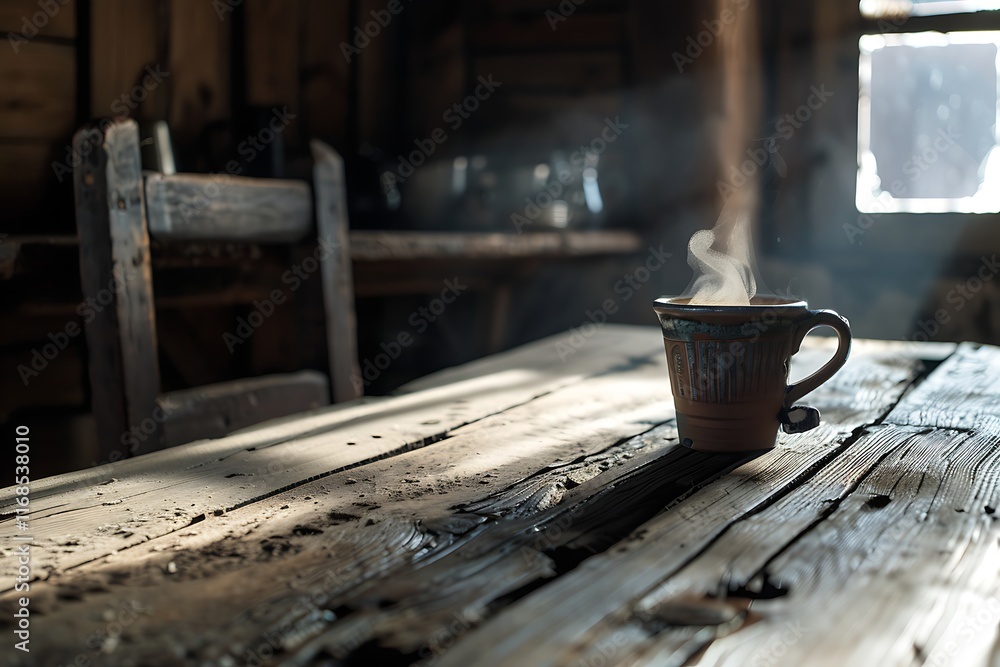 single steaming cup of coffee on rustic wooden table cozy atmosphere single steaming cup of coffee on rustic wooden table cozy atmosphere